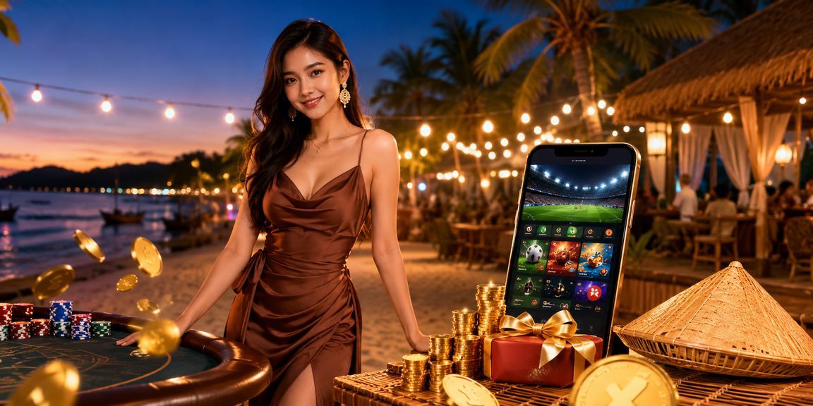 Người dùng Phú Quốc đặt cược thể thao với nón lá truyền thống bên bờ biển